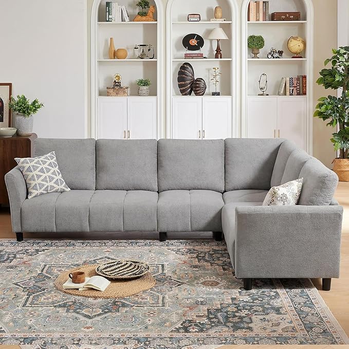 Convertible Sectional Sofa Couch 102 L Shaped Couch with Back Cushions Modern Upholstered Fabric 6-Seat Reversible Sofa Set for Living Room Apartment Office Light Grey