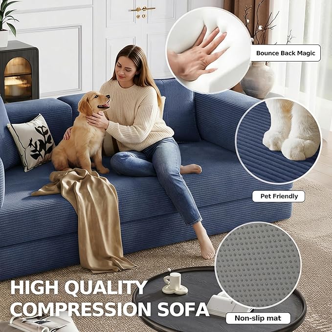 78.8 Boneless Sleeper Sofa BedConvertible Futon Couch with Storage Pocket and 2 PillowsModular Corduroy Sofa for livingroomSmall speaceBlue