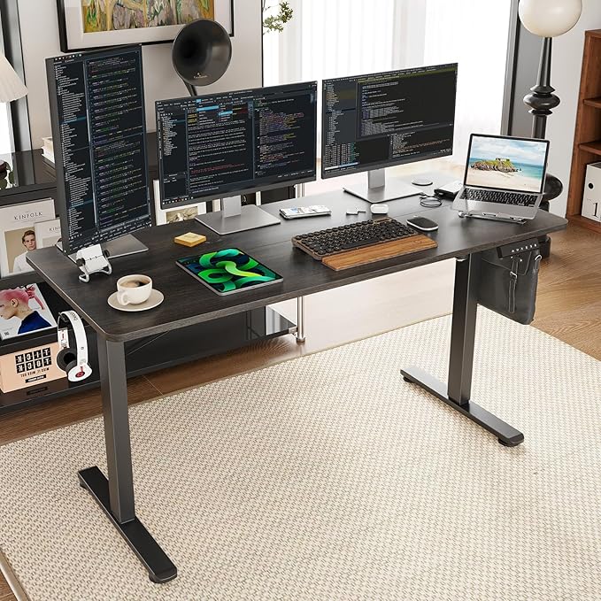 Electric Height Adjustable Standing Desk with Splice Board - Computer Gaming Desks Home Office Corner Desks Bedroom Craft Study Table Work Standing DeskWalnut