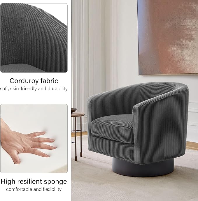 Swivel Barrel Accent Chair Modern Round Corduroy Fabric Arm Chair for Living Room Bedroom Comfy Club Reading Chairs for Adults (Corduroy Grey Set of 1)