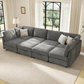 KKL Modular Sectional Sofa Bed with Storage Ottoman Convertible L/U/J-Shaped Sleeper Couch Plush Wide-Wale Corduroy for Living Room Apartment Modern Design Gray