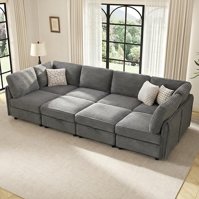 KKL Modular Sectional Sofa Bed with Storage Ottoman Convertible L/U/J-Shaped Sleeper Couch Plush Wide-Wale Corduroy for Living Room Apartment Modern Design Gray