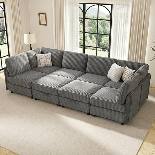 KKL Modular Sectional Sofa Bed with Storage Ottoman Convertible L/U/J-Shaped Sleeper Couch Plush Wide-Wale Corduroy for Living Room Apartment Modern Design Gray