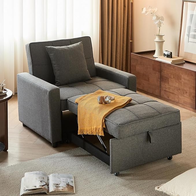 3-in-1 Convertible Sleeper Chair Pull Out Chair with Extra Pillow Lazy Chair Bed Sleeper for Adults Recliner Sofa Bed with 3 Adjustable Angles for Small Spaces Home Office Deep Gray
