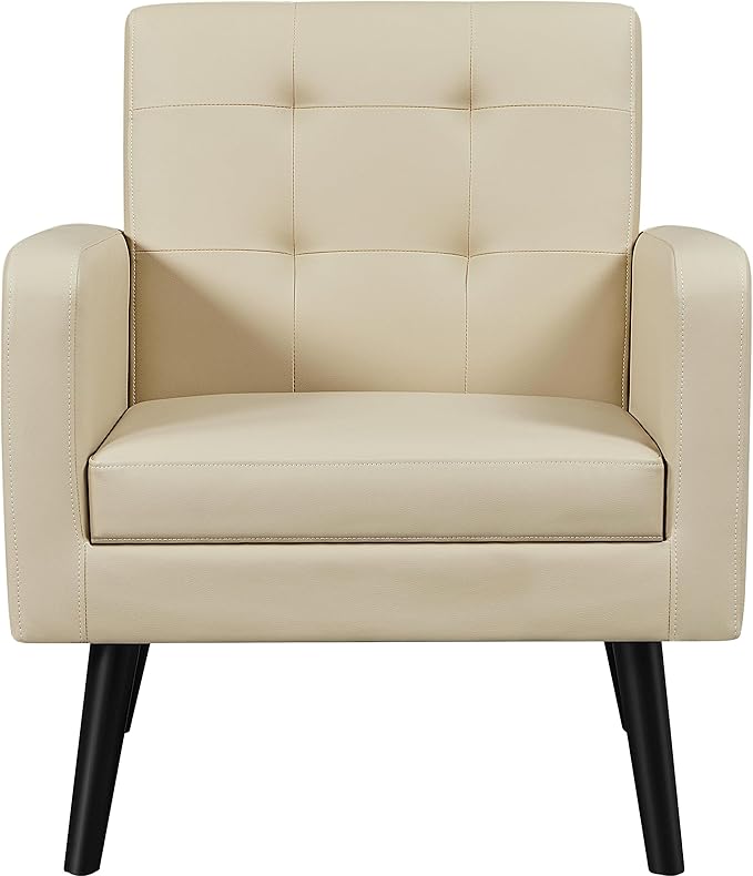 Topeakmart Mid Century Accent Chair Modern and Cozy PU Leather Barrel Sofa Chair with Thick Cushion and Sturdy Wood Legs for Living Room/Bed Room/Office Waiting Area Beige