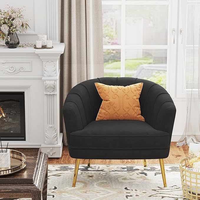 Velvet Accent Chair for Living Room Bedroom Office - Upholstered Single Sofa Arm Chair With Metal Legs - Comfy Reading Leisure Club Coffee Chair - Black
