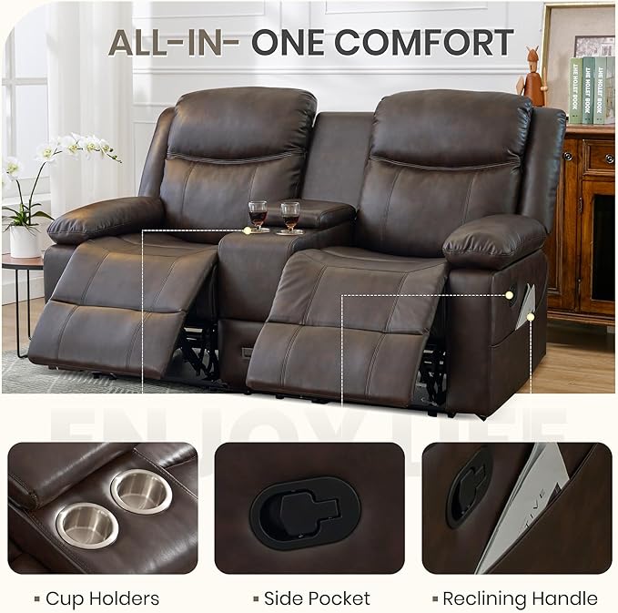 Manual Reclining Loveseat with Massage and Heat Double Recliner Sofa with Center Console Cup Holders &amp Storage for Living Room RV (Brown)