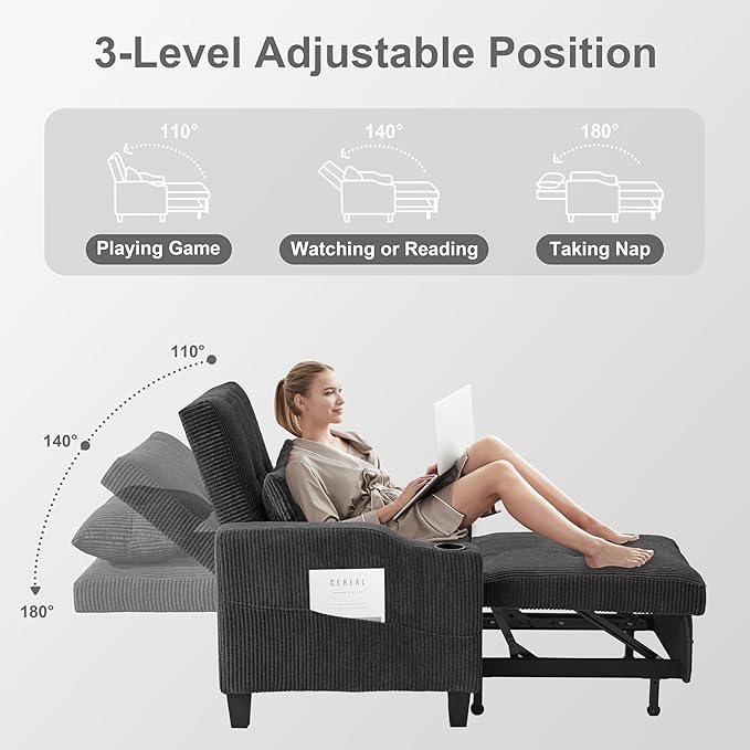 3 in 1 Convertible Sleeper Chair Corduroy Single Sleeper Sofa Bed Pull Out Sofa Bed Chair with Adjustable Backrest &amp Side Pockets for Living Room Black