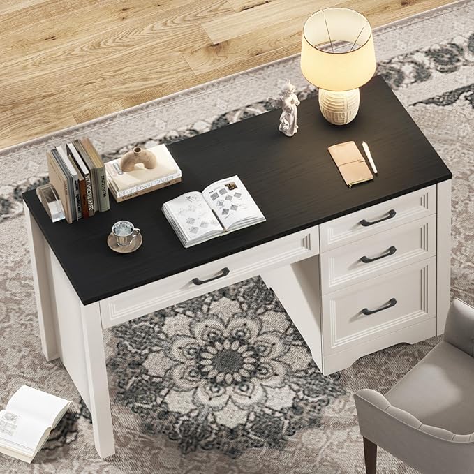 Vabches Farmhouse Executive Desk with Drawers Home Office Desk with File Drawer Wood Computer Desk with Ample Storage Rustic Office Desk with Spacious Tabletop for Work Black