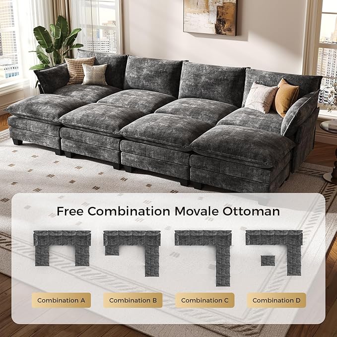 KKL 120 Huge Modular Sectional Sofa Bed 8 Seater Convertible J/L/U-Shaped Sleeper Cloud Couch with Ottoman Chenille Sectional Couches for Living Room Apartment Grey