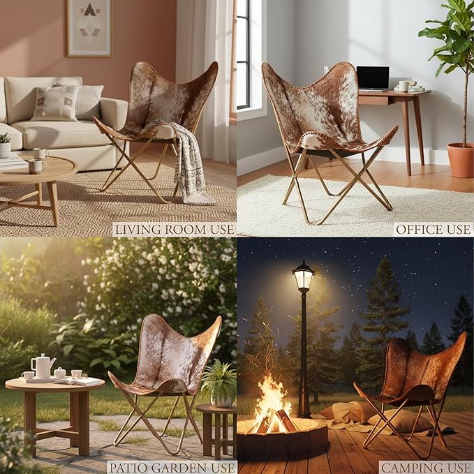 Shy Shy Let’s Touch The Sky Home Decor Genuine Goat Leather Butterfly Arm Chair with Black/Brown White Hair on Cowhide Accent Chair (White and Brown with Rose Gold)