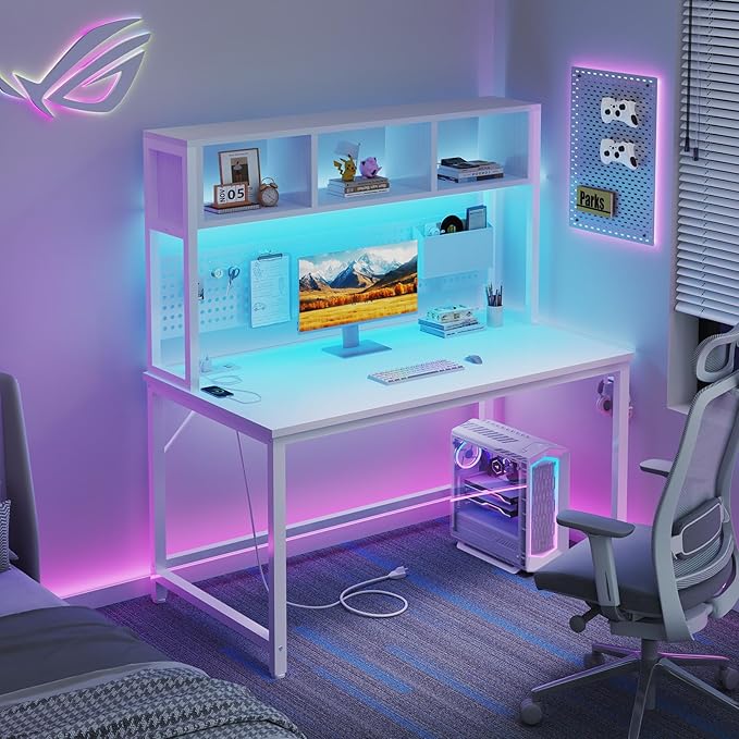 White Gaming Desk with Hutch and Pegboard - Computer Desk with Hutch Power Outlet 47 Inch Art Desk with Storage Hooks RGB and Side Bag Writing Modern Study Teen Desks for Girl Bedroom Home Office