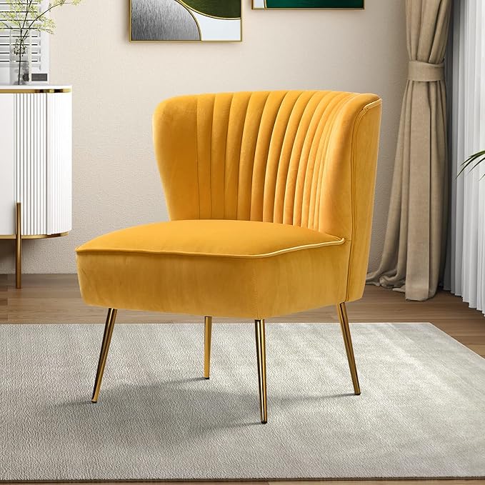 HULALA HOME Velvet Accent Chair Modern Upholstered Cute Side Chair with Gold Metal Legs Armless Wingback Slipper Chair Comfy Living Room Chair for Bedroom Guest Room VanityMustard