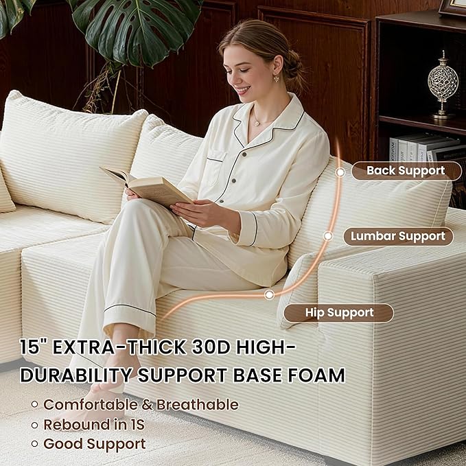 106 Cloud Sectional Boneless Couches for Living Room Modular L Shaped Couch with Deep Seat Oversized Left Facing Chaise Memory Foam Compressed Spineless 3 Seater Sofa for Bedroom Apartment Beige