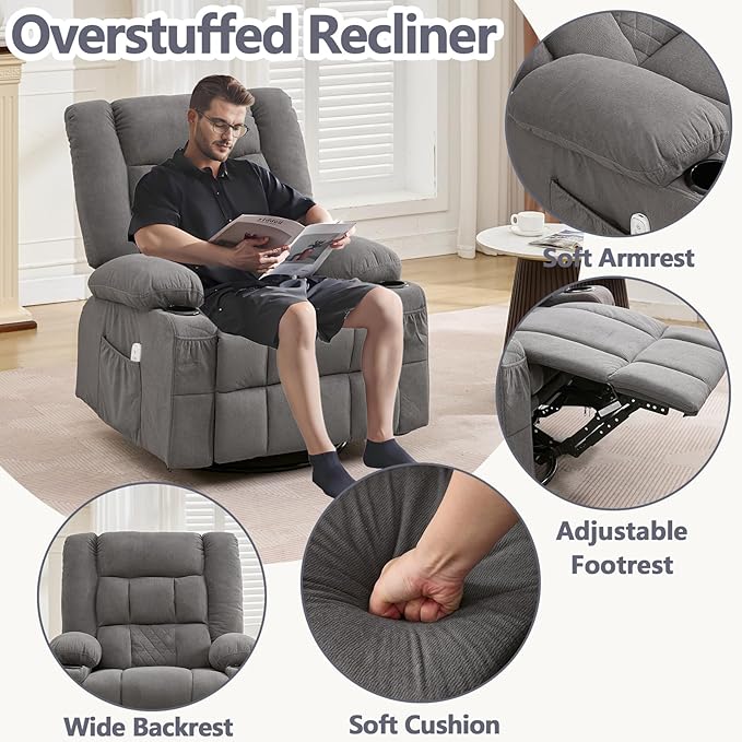 Gray Fabric Nursery Recliner Chair with Lumbar Pillow 3D Kneading Massage Recliner Chair with Heat | Cup Holders | USB Oversized Swivel Rocker Recliners for Adult Living Room Bedroom (Regular Grey)