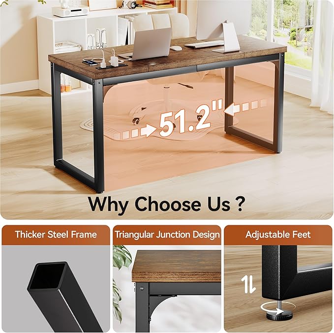 Computer Desk with Power Outlets 55 Inch Large Home Office Desk with Deeper &amp Thicker Desktop Modern Gaming Desk Study Writing Work Desk Metal Frame Rustic Brown