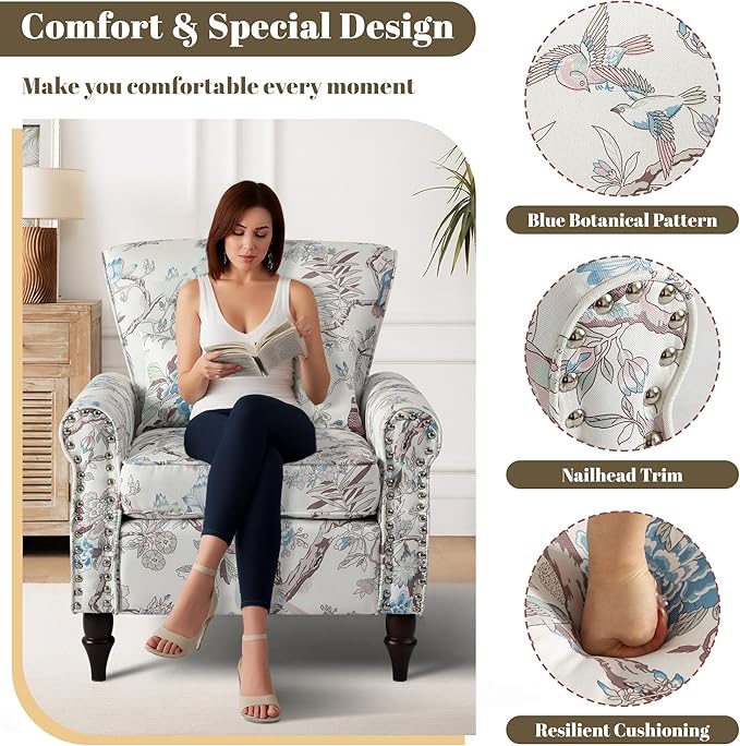 Oversized Floral Accent Chair Set of 2 Upholstered Living Room Armchair with Wooden Legs Comfy Reading Lounge Chair for Bedroom Home Office (Floral &amp Bird Pattern)