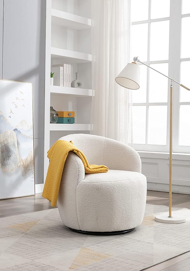 Modern Teddy Swivel Chair Round Accent Sofa Chair Club 360 Degree Swivel Barrel Chair Leisure Arm Chair for Living Room Hotel Bedroom Office (White)
