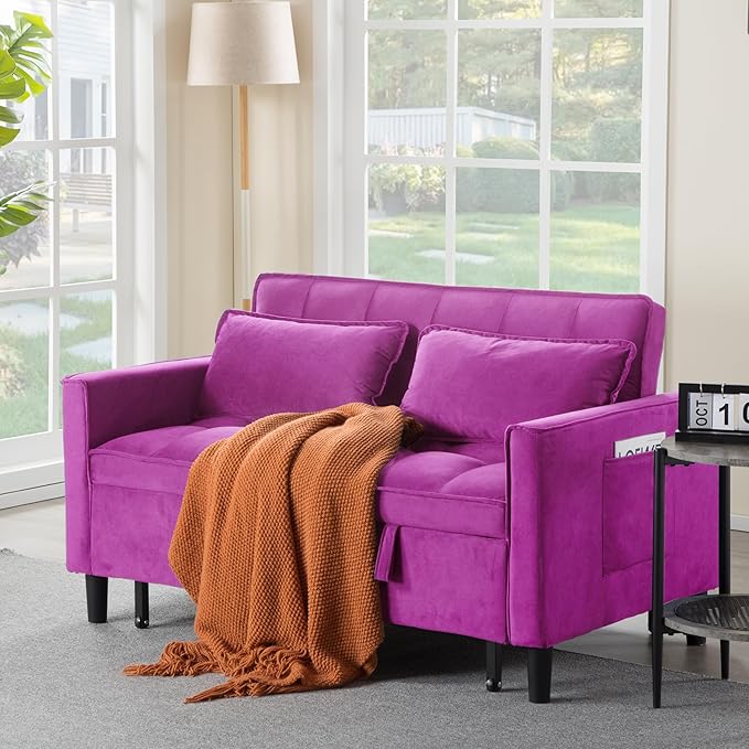 3 in 1 Convertible Sofa Bed Love Seat Sleeper Bed with Side Pockets Velvet Fabric Pull Out Couch with Adjustable Backrest for Living Room Bedroom Apartment Deep Pink