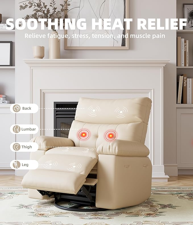 27'' Oversized Wide Rocker Swivel Recliner Chair Large Nursery Chair Lazy Recliner with Vibrating and Heating Functions Lounge Chairs Featuring Cup Holders and Side Pockets