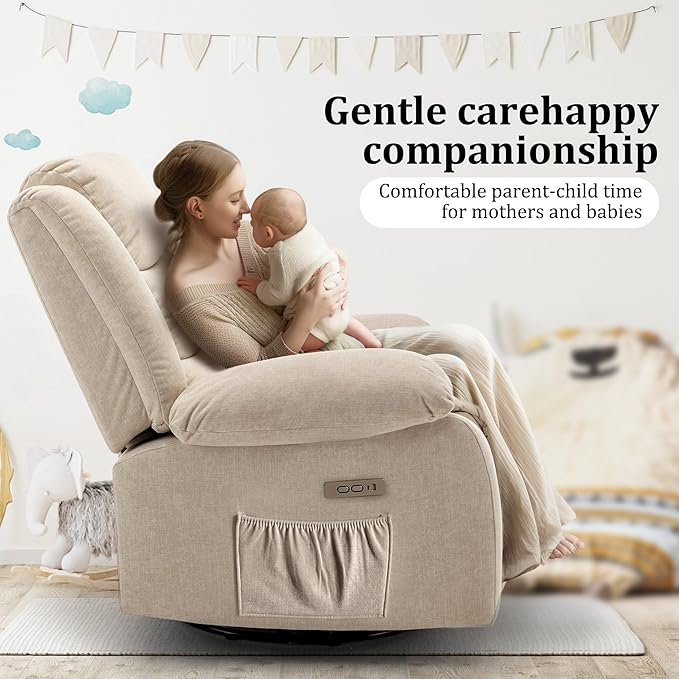 Power Recliner Chair Electric Rocker Recliner with Massage and Heat 270° Swivel Glider Oversized Wide Seat with USB Port Cashmere Nursery Chair for Living Room Khaki