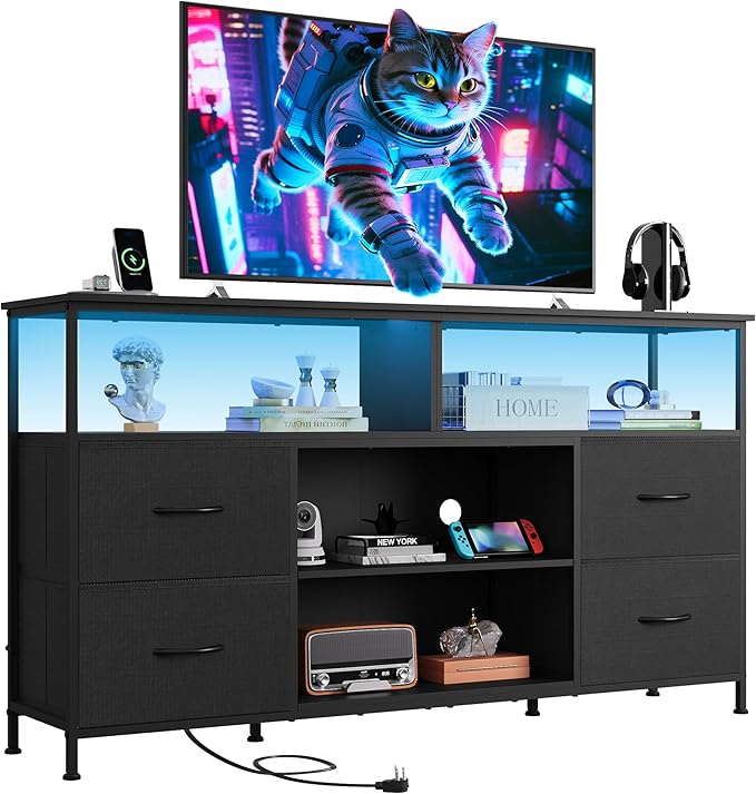 WLIVE TV Stand Dresser for 505560 inch TV Entertainment Center with LED Lights &amp Fabric Drawers Dresser TV Stand for Bedroom and Living Room with Open Shelves Black