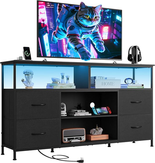 WLIVE TV Stand Dresser for 505560 inch TV Entertainment Center with LED Lights &amp Fabric Drawers Dresser TV Stand for Bedroom and Living Room with Open Shelves Black