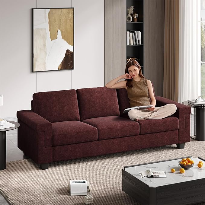 3 Seater Sofa Couch with Deep Seat 90 Modern Upholstered Sofa with Armrests Easy Installation Comfy Couches for Living Room Apartment Burgundy