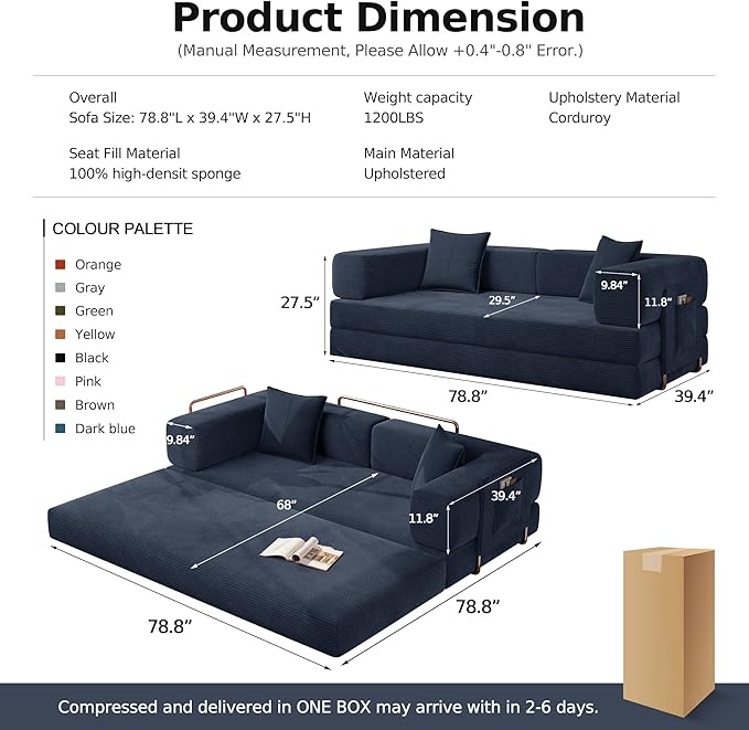 MoonSpeak 78.8''Sleeper Couch Bed for LivingroomConvertible Modular Sofa with Armrest PillowModular Foldable Corduroy Couches in a BoxNo Assembly (Blue)