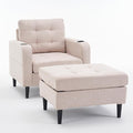 Accent Chair with Ottoman Set Upholstered Armchair with Storage Ottoman Cup Holders &amp Side Pocket Single Sofa Chair with Tufted Detailing for Living Room or Bedroom (Beige)