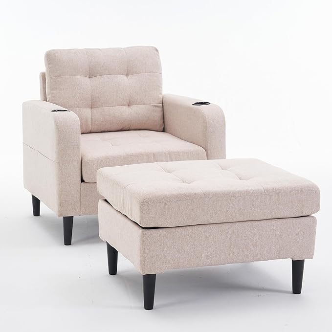 Accent Chair with Ottoman Set Upholstered Armchair with Storage Ottoman Cup Holders &amp Side Pocket Single Sofa Chair with Tufted Detailing for Living Room or Bedroom (Beige)