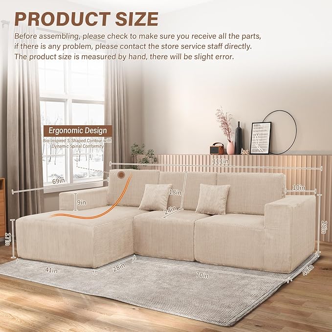 Boneless Couches for Living Room L-Shape Chaise Cloud Couch Modular Sectional 3 Pieces Deep Seat 111 Compressed Couches for Living Room Bedroom with Plush Corduroy Fabric No Assembly Required Khaki
