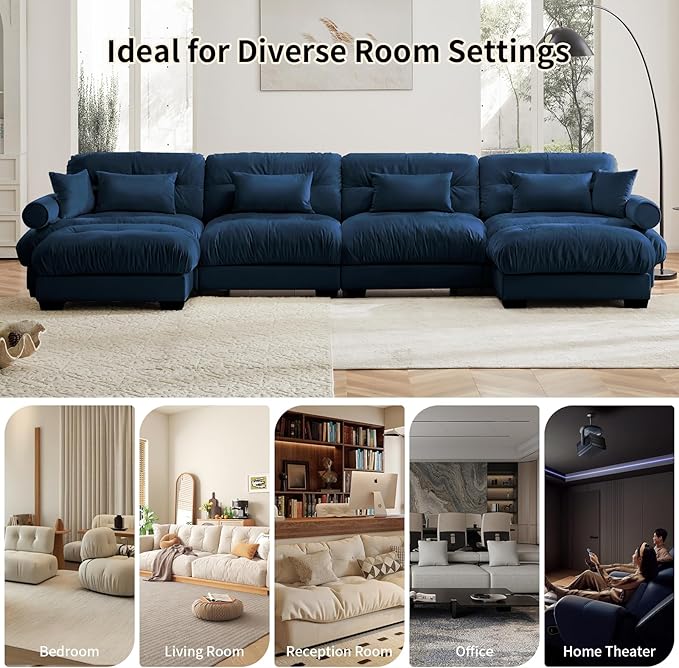 166 Large Sectional Couches for Living Room Cloud Modern Modular Deep Seat Sofa Set Comfy Couches Velvet Fluffy 4 Seater Sofa Set for Bedroom Apartment Blue