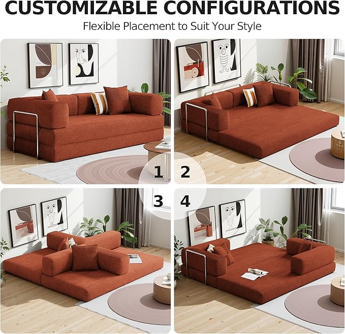 79 Convertible Floor Sofa BedCorduroy Sleeper Sofa with Side Pocket and Fixed-Shape Frame5-in-1 DIY Foldable Couch for Living RoomBedroom(Orange)