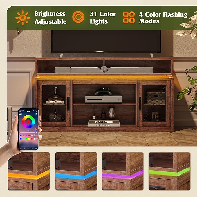 WLIVE Farmhouse TV Stand for TVs Up to 65 Inches Tall Entertainment Center with Storage Cabinets &amp LED Lights Media Console for Living Room Bedroom Home Theater Rustic Brown