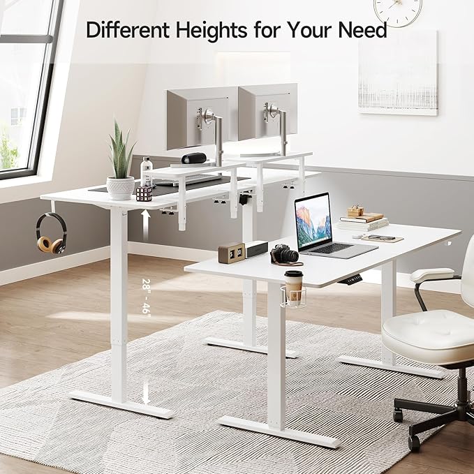 ONBRILL Standing Desk with 2 Adjustable Monitor Shelves 63 x 24 Inch Electric Stand Up Desk with Memory Controller and Adjustable Height from 28-46 inches for Computer Workstations All White