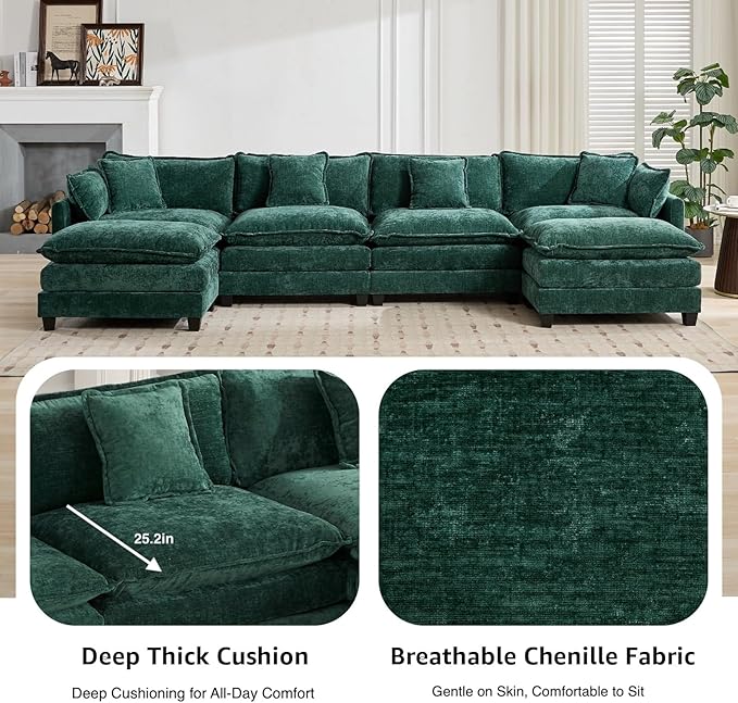 149.6 Modern Cozy Sectional Couches for Living Room Green Chenille Comfy Cloud Couch Sectional 4 Seater Couch for Living Room Sofas para Sala I Shaped Sofas &amp Couches (Green 4+0 Set)