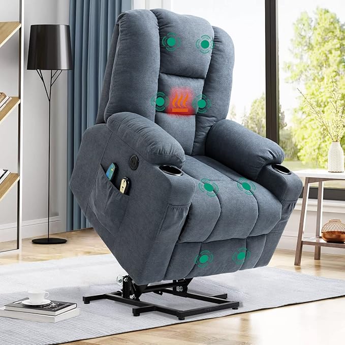 VIVIJASON Power Lift Chair Electric Recliner for Elderly Heated Vibration Massage Soft Fabric Recliner Chair with 2 Remote Controls USB Ports Side Pockets &amp Cup Holders for Living Room (Blue)