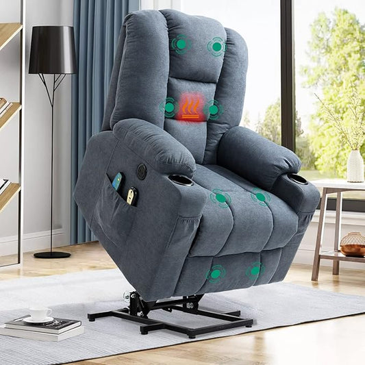 VIVIJASON Power Lift Chair Electric Recliner for Elderly Heated Vibration Massage Soft Fabric Recliner Chair with 2 Remote Controls USB Ports Side Pockets &amp Cup Holders for Living Room (Blue)