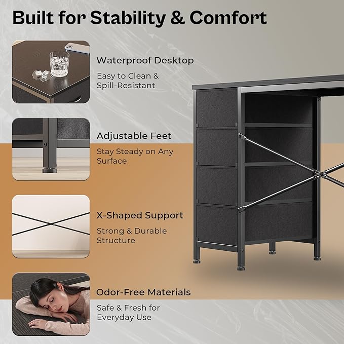Huuger 63 Inch L Shaped Desk with Fabric Drawers Reversible Computer Gaming Desk with Power Outlets and USB-C Port Adjustable Side Storage Shelves for Work Study Corner Home Office Black