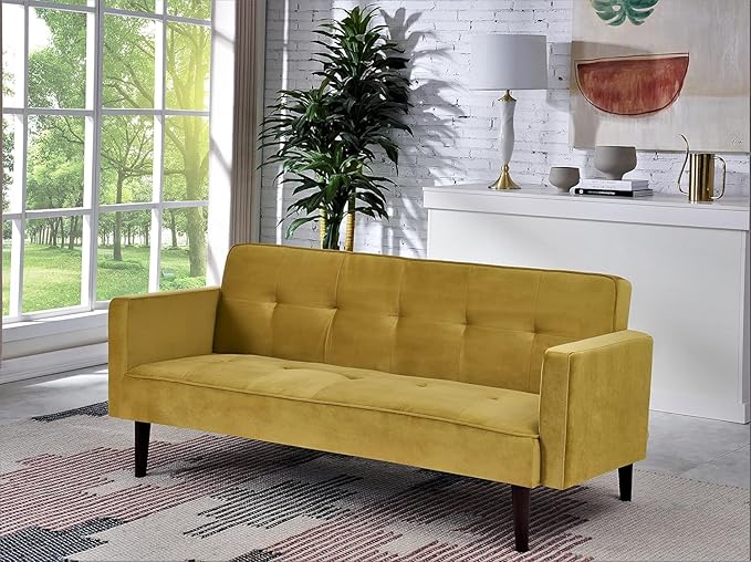 72 Velvet Convertible Sofa Bed - Retro Modern Folding Futon Sleeper w/Tufted Upholstery - Space-Saving Couch for Apartments/Dorms (72 x 34.6 x 30.25) Golden Yellow