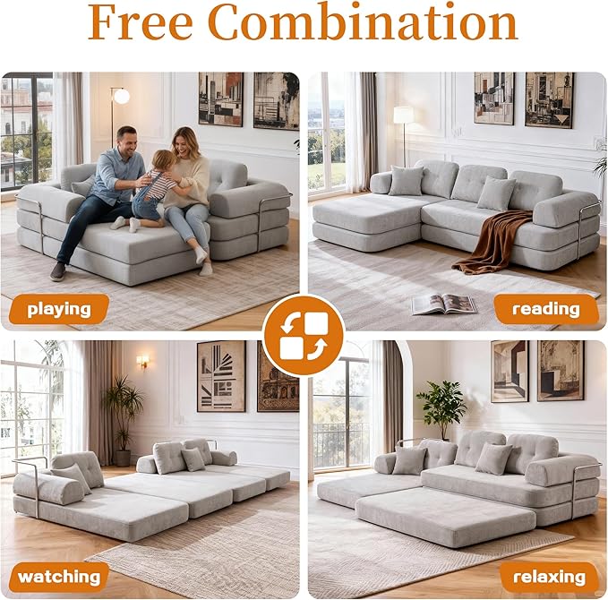 104 Modular Sectional Sofa Boneless Couch for Living RoomL-Shape Modular Sofa Bed with Fixed-Shape FrameFolding Floor Convertible Sofa Couch Bed with Reversible Chaise