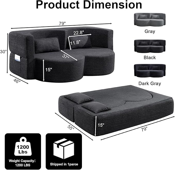79 Inch Boneless Loveseat Sofa: 2-in-1 Convertible Teddy Velvet Cloud Double Sofa Minimalist Curved Cloud Sofa Bed for Living Room Apartment &amp Small Spaces (Black)