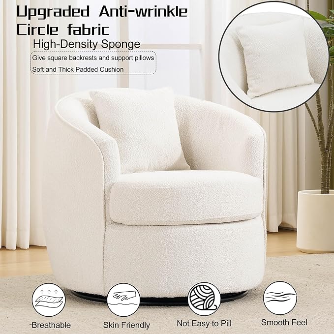 Swivel Barrel Chairs 32 Inches Wide No Assembly Round Upholstered Armchairs Accent Chairs Single Sofa Chair for Living Room (Cream Set of 1)