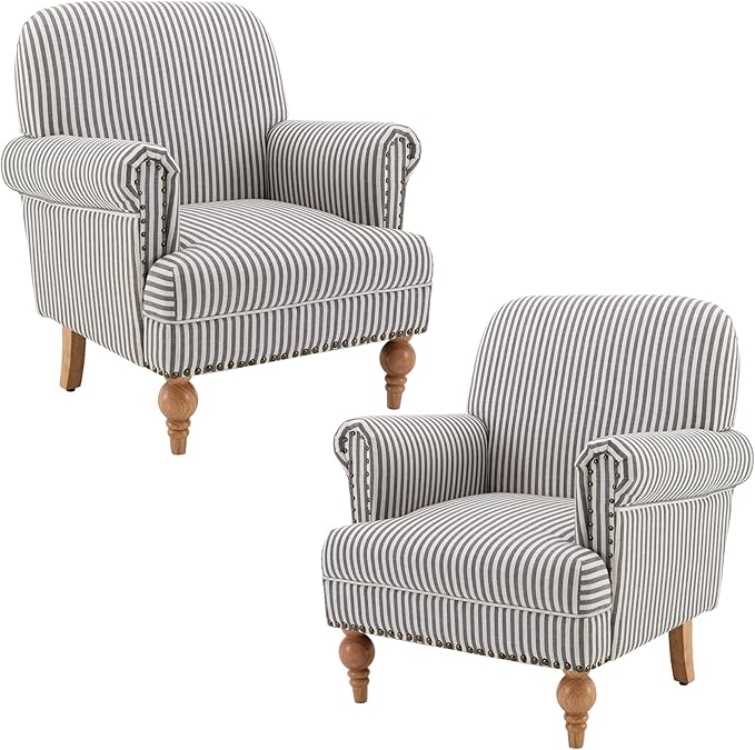 chairus Linen Accent Chair for Living Room Set of 2 Upholstered Mid Century Modern Single Sofa Chair with Solid Wood Legs Comfy Reading Armchair for Bedroom/Office Room/Recption/Lounge Black Stripe