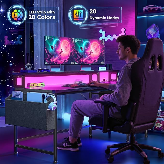 55 Computer Desk with Drawers &amp Storage Bag Gaming Desk with Power Outlets and LED Lights Office Desk with Monitor Stand for Bedroom Gaming Room Study Work Home Office Black