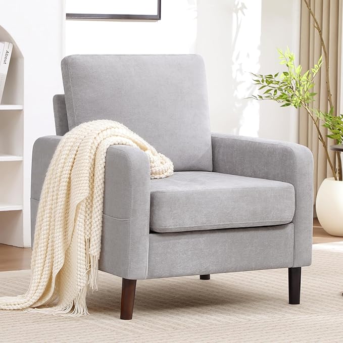 Accent Chair for Living Room Modern Reading Chair for Bedroom Upholstered Armchair with Wood Legs and Side Pockets Single Sofa Side Chair for Office Small Room Apartment Light Grey