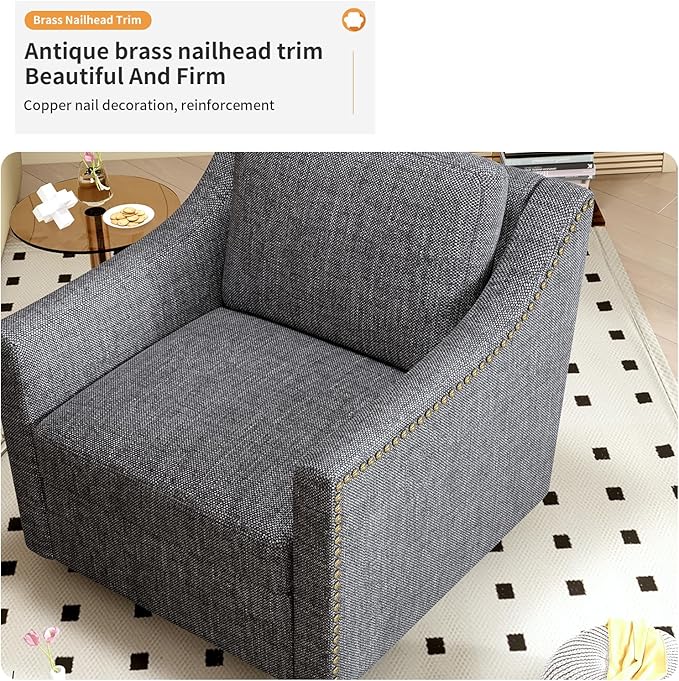 33 360° Swivel Cotton Linen Modern Mid-Century Accent Armchair Oversized Accent Chair Mid-Century Modern Chair with Sturdy Metal Base for Living Room Office Reception Areas Black+ Gray