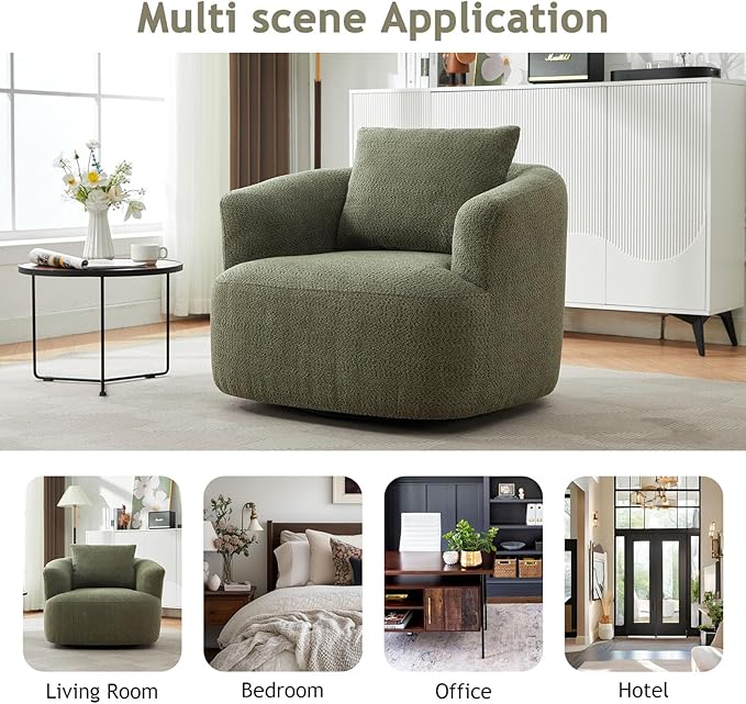 38.2 Swivel Accent Chair Boucle Green Upholstered Armchair Comfy Single Cloud Sofa Chair with Ergonomic Armrests &amp Throw Pillow for Nursery Living Room &amp Offices (Green)
