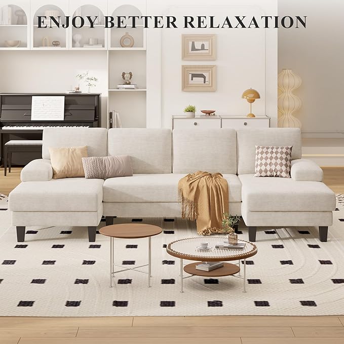 110 U-Shaped Sectional Sofa Couch for Living RoomModern Modular Sofa with Double ChaiseClassic Lounge Couch Sleeper for Apartment Beige Corduroy